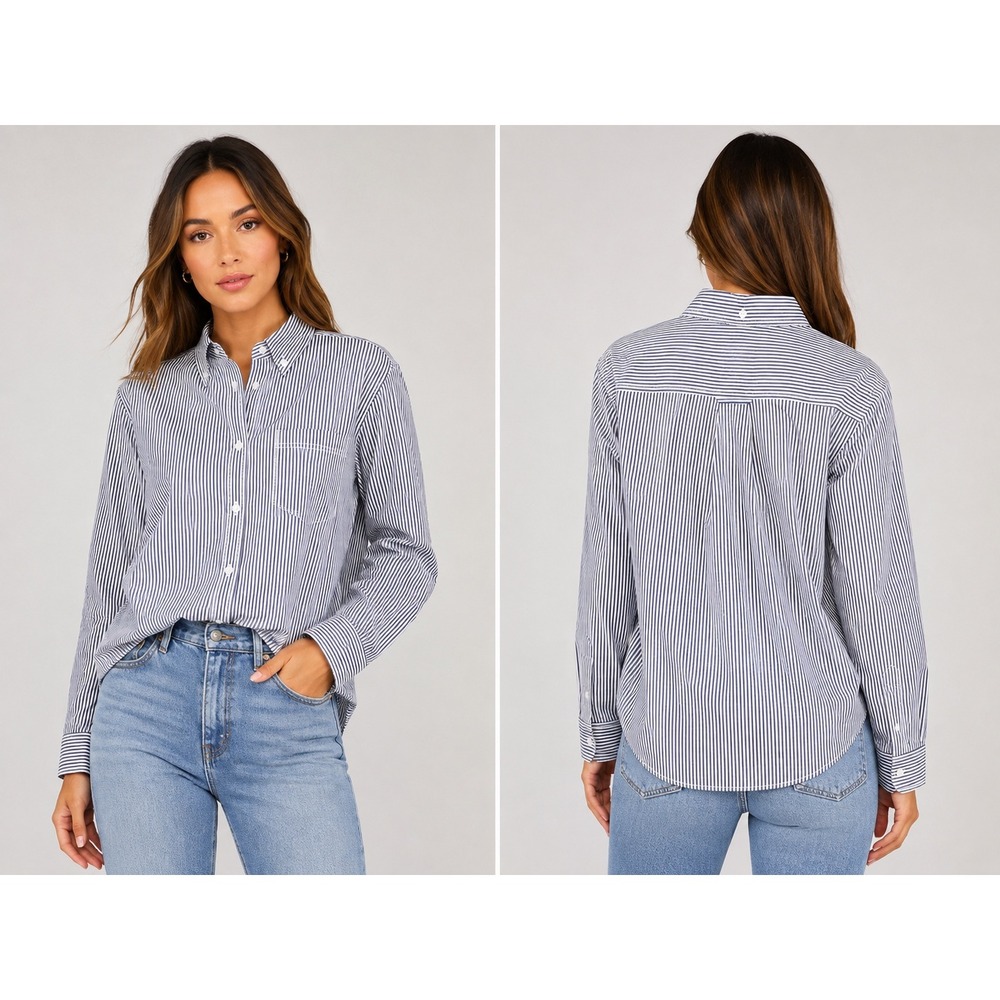 J.Crew Classic Fit Washed Cotton Poplin Stripe Shirt Navy White Size 14